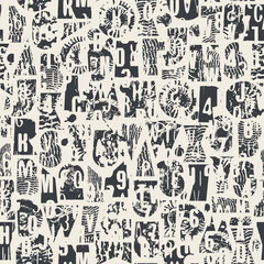 Abstract vector seamless pattern with font consisting of geometric shapes with texture, shells on the theme of paleontology. Fabric, textile, t-shirt design, tiles, wallpaper, wrapping paper. No AI  © paseven