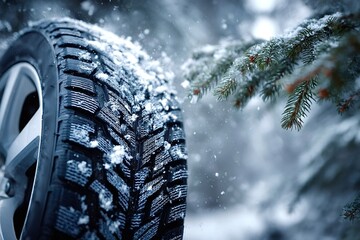 Snowflakes are falling from a pine tree branch onto a car's winter tire, creating a serene winter scene emphasizing the importance of winter tires for safe driving in snowy conditions