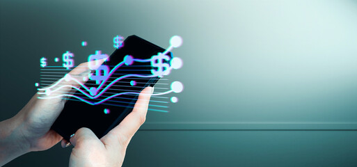 hand of businessman interactive touching a holographic of transaction financial network data...