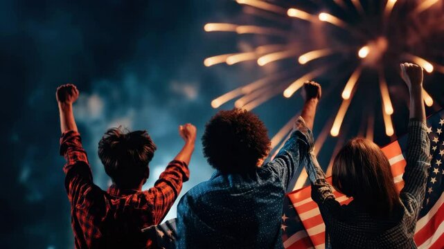 Celebration of unity and joy as people gather outdoors night, holding American flag and watching vibrant fireworks, expressing patriotism and festive spirit with raised arms, highlighting power