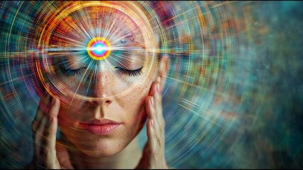 A mystical visual background designed for meditation, focusing on the concept of awakening the third eye. Radiant energy emanates from the forehead area, symbolizing inner vision, higher consciousness - Powered by Adobe
