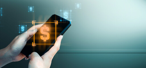 hand of businessman interactive touching a holographic of transaction financial network data...