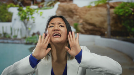 Woman gesticulating energetically by a resort pool, wearing a blue top and white blazer, set...