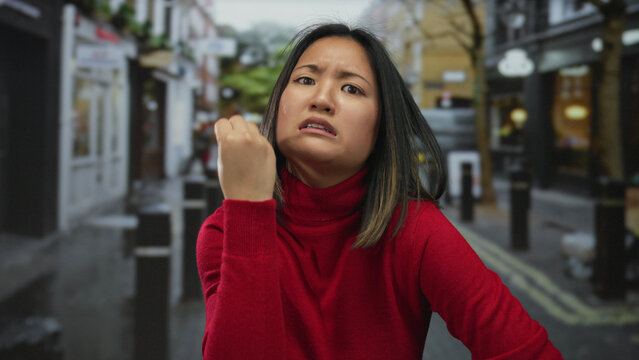 Woman in red sweater gestures on city street expressing determination and assertiveness in urban setting.