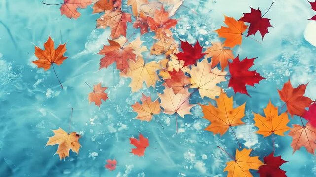 Colorful autumn maple leaves scattered on frozen ice surface creating beautiful seasonal contrast between warm fall foliage and cold winter elements in nature