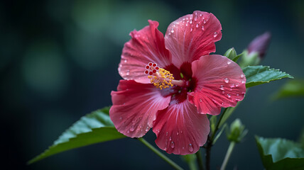 A vibrant pink hibiscus flower, covered in dew drops.
