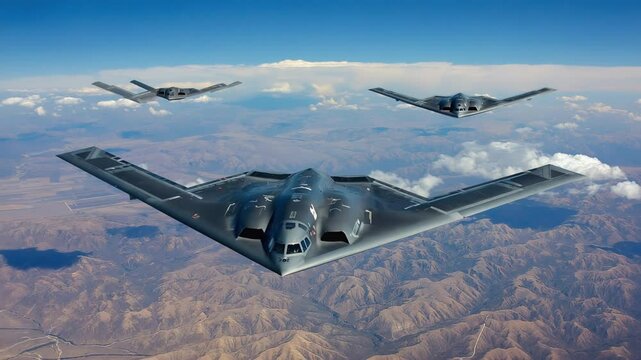 Stealth B2 Bombers Flying in Formation Over Desert Mountains Under Clear Blue Sky


