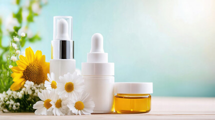 Natural cosmetic skincare products with dropper bottles and flowers on wooden surface, soft light background and copy space. Copy space