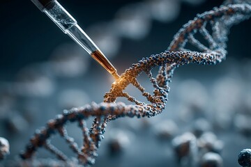 Genetic engineering and gene editing modifying dna structure using crispr technology is depicted with a pipette dropping liquid on a dna double helix