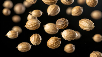 Coriander seeds are scattered against a black backdrop in a close up shot highlighting their texture