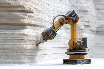 Robotic arm meticulously 3d prints a concrete wall, showcasing the cutting edge technology transforming modern construction and demonstrating the potential of automation in the building industry