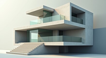 Minimalist modern home with clean lines and glass railings bathed in soft, neutral light tones.