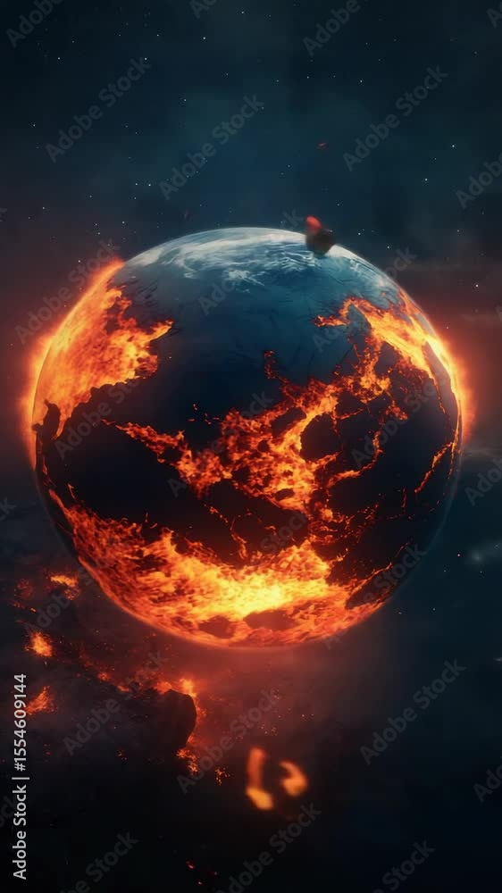 Poster planetary surface burning with intense, consuming flames, radiating scorching heat and visualizing c