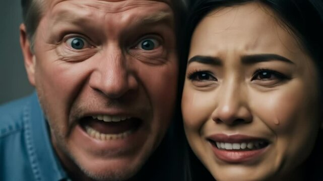 The husband is yelling at his wife. An abuser. The wife is crying. A family scandal