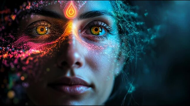 A mystical visual background designed for meditation, focusing on the concept of awakening the third eye. Radiant energy emanates from the forehead area, symbolizing inner vision, higher consciousness