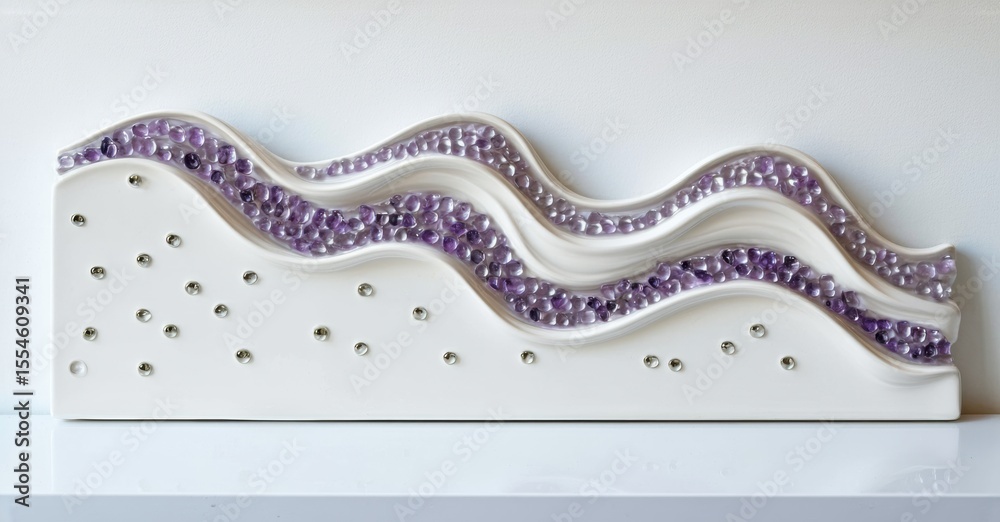 Poster white rectangular panel. purple beads form wavy line. silver dots scattered below. minimalist design
