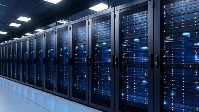 Data center featuring rows of server racks with blinking lights, showcasing information technology infrastructure, storage and cloud computing services. - Powered by Adobe