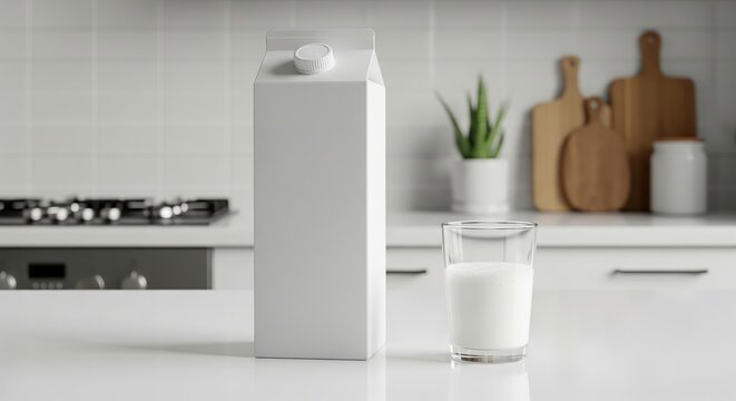 Milk Carton and Glass on Kitchen Counter