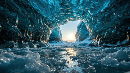 Sunlight piercing through ice caves beneath a frozen sea, surreal sapphire reflections