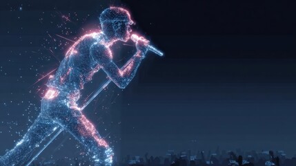 Fototapeta premium Visualize a holographic rock singer on stage, emitting energy and light patterns, setting the tone for a futuristic concert experience