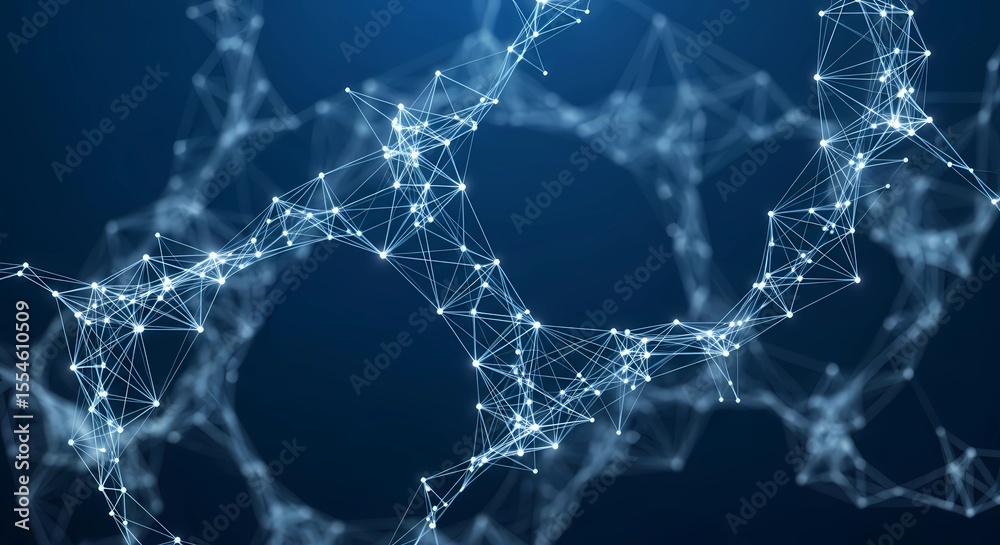 Fototapete abstract network of interconnected nodes and lines against a dark blue background, creating a comple