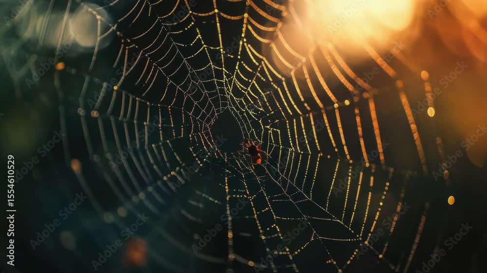 Poster a close-up of a spider web with water droplets glistening on its threads