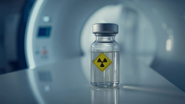 Glass vial featuring a radioactive hazard symbol on a table in a medical imaging room. The background shows a blurred MRI scanner, creating a clinical and scientific atmosphere.