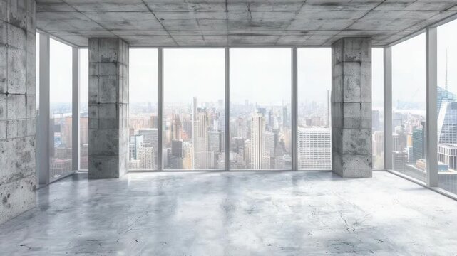 A empty room with a city view
