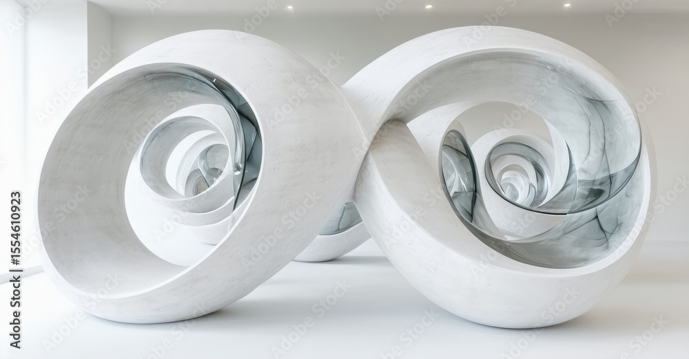 Poster abstract sculpture features intertwined loops. smooth, pale stone creates swirling visual effect. mi