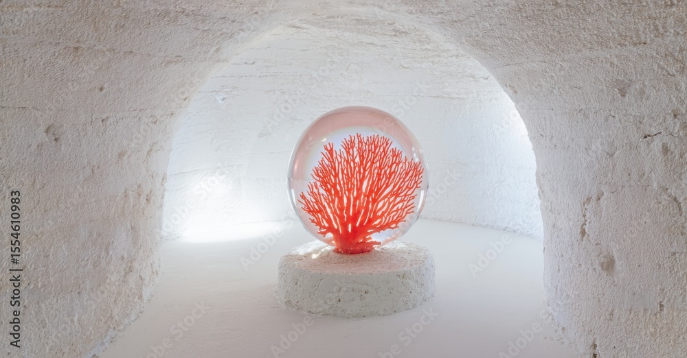 Poster Red coral inside glass sphere rests upon white base. Stone archway frames display, creating soft lighting effect. Minimalist composition.