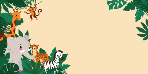 Fototapeta premium Banner with cute African animals and tropical leaves.Frame and template. Kids' decor, invitations, and nursery art. Vector cartoon flat illustration