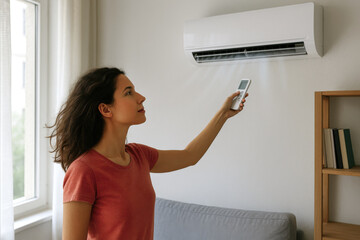 Woman holding air condition remote control