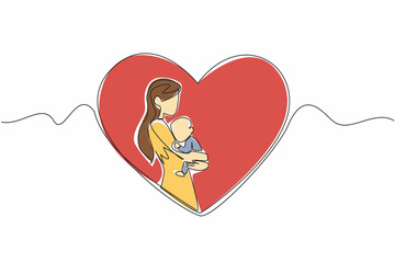 Single continuous line drawing mother hugs baby in the middle of her heart. The infinite happiness of being a young mother. Always be grateful. Family. Baby Day. One line design vector illustration