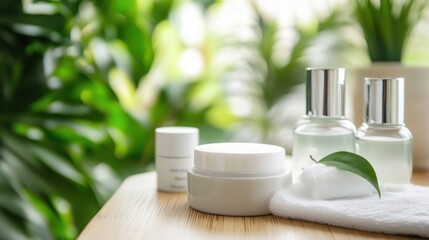 Natural skincare cosmetic products on wooden table with green leaf and towel in spa environment. Copy space