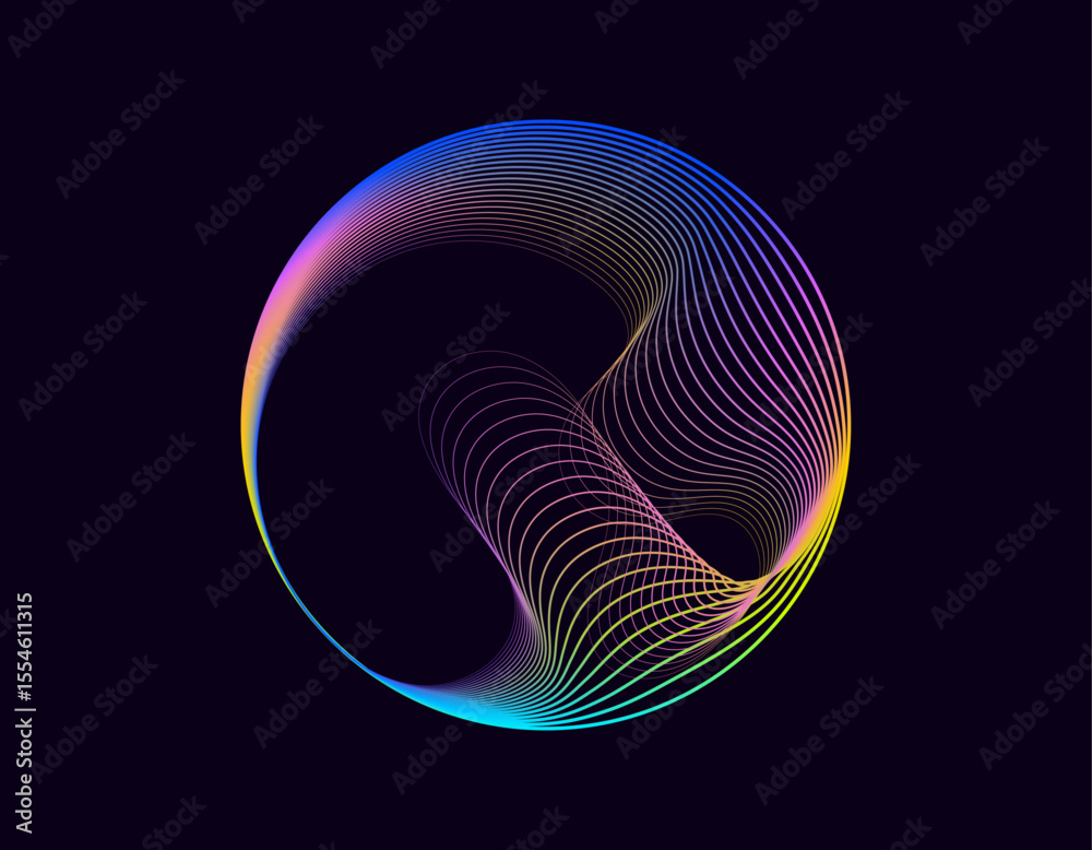 Poster Abstract 3d sphere. Neon gradient curved waves in round shape. Bright spinning circular border. Vector colorful glowing circular tech frame