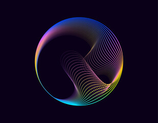 Abstract 3d sphere. Neon gradient curved waves in round shape. Bright spinning circular border. Vector colorful glowing circular tech frame