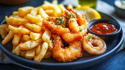 Seafood dish with crumbed fish calamari prawn and potato chips