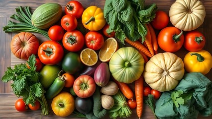 Fresh, healthy vegetables and fruits including red peppers, ripe tomatoes, and green cucumbers are isolated on a white table