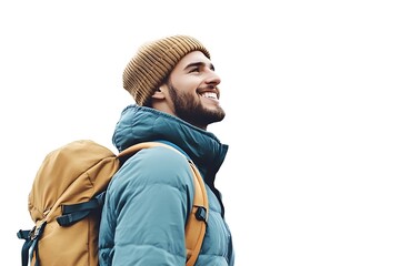 Happy Hiker Looking Upward on White Background