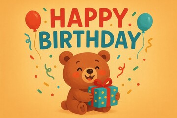 Obraz premium Birthday party bear with hat, balloons and gift box