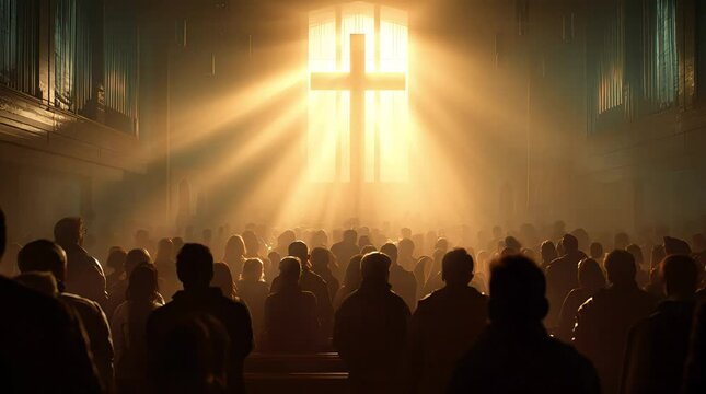 4K cinematic pan from the back of a church toward a glowing cross window, capturing the gathered congregation in a reverent, slow-looping worship scene.