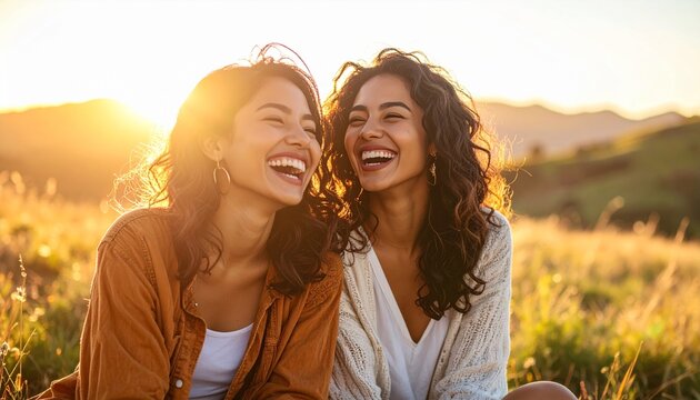 Two happy women laughing and enjoying time together reflecting genuine female friendship joy and connection