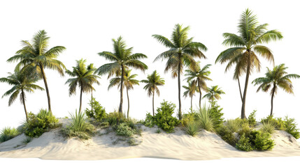 Obraz premium Tropical oasis with lush green palm trees on sandy beach under clear sky isolated on white background
