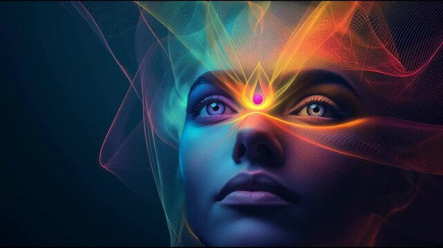 A mystical visual background designed for meditation, focusing on the concept of awakening the third eye. Radiant energy emanates from the forehead area, symbolizing inner vision, higher consciousness