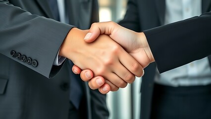 Two businessmen in suits shake hands in an office, sealing a deal and a successful partnership