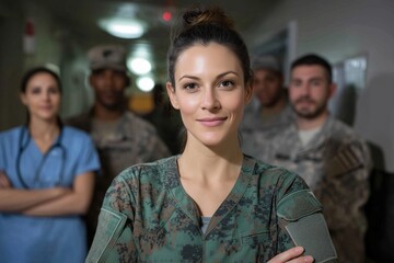 In a bustling military medical facility, a confident healthcare professional stands at the forefront, embodying commitment and expertise. Behind, a diverse team of soldiers supports her mission