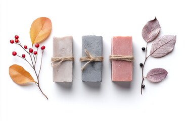Earth-toned and vibrantly colored soap bars, meticulously tied with twine, are arranged with green leaves and dark berries on a clean and simple white backdrop