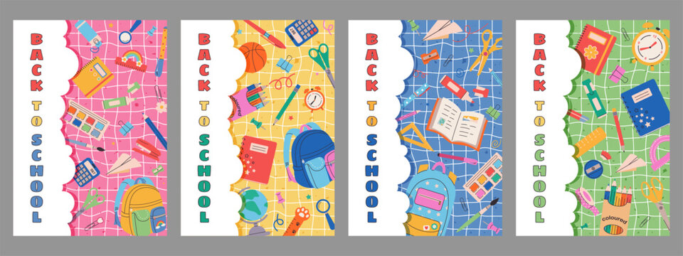 School banners, posters, covers with pattern of school stationery, educational supplies. Back to school covers template for notebooks, textbooks, notepads, diaries. Hand drawn school object collection