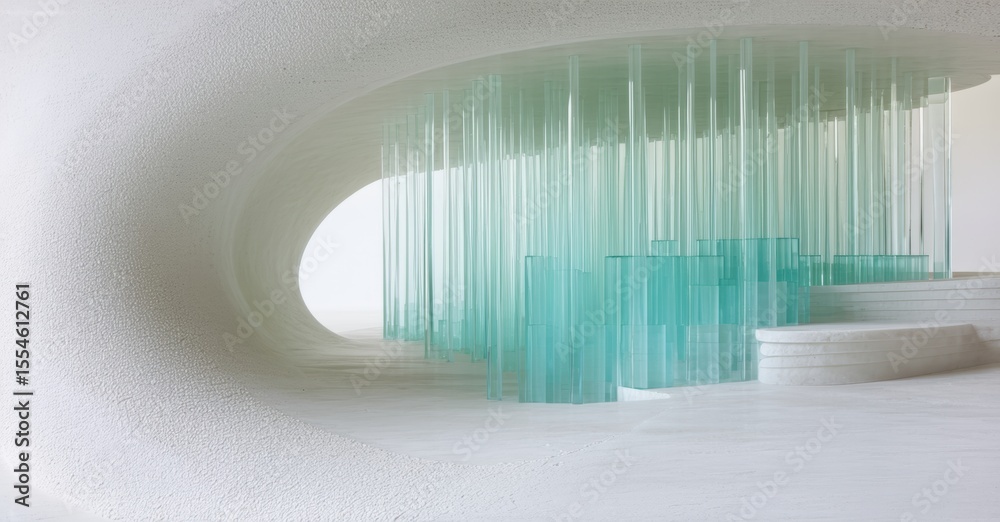 Poster minimalist interior features translucent vertical elements. white walls create soft light, modern de