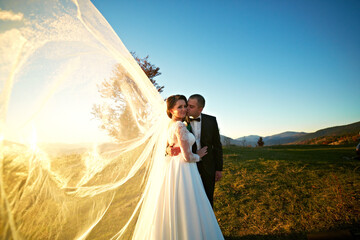 A bride and groom are kissing in front of a large white veil. The bride is wearing a white dress...